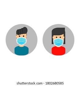 Male and female icons using masks to protect themselves from viruses and diseases, male and female character icons using masks.