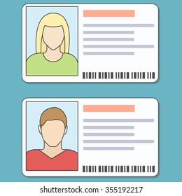Male and female id card icons. Vector lineart colorful illustration.