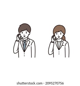 Male and female illustrations of pharmacists and doctors talking on smartphones with a smile