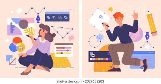 Male And Female Illustrators Are Drawing Abstract Shapes With Stylus Pen. Concept Of Designer Character Freelancer Or Art Director. Process Of Making Illustration. Flat Cartoon Vector Illustration