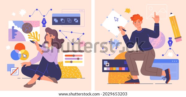 Male and female illustrators are drawing\
abstract shapes with stylus pen. Concept of designer character\
freelancer or art director. Process of making illustration. Flat\
cartoon vector\
illustration