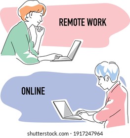 Male and female image line art illustration of remote work