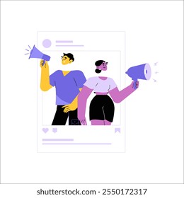 Male And Female Influencers With Megaphones In Social Media Post Frame. Flat Vector Illustration Of Online Marketing, Brand Awareness, And Digital Communication, Isolated On White Background