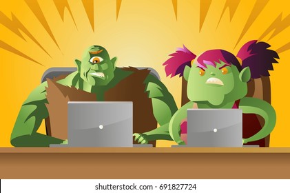 male and female internet trolls using computers