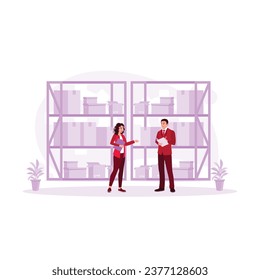 Male female inventory manager checking and recording stock of goods in the warehouse. Storage concept. Trend Modern vector flat illustration