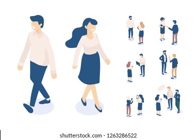 Male and female isomeric characters. Flat isometric vector.