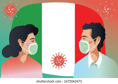 male and female in Italy Looking for measures to support the corona virus, or covid-19.Illustrators , Italy Flag