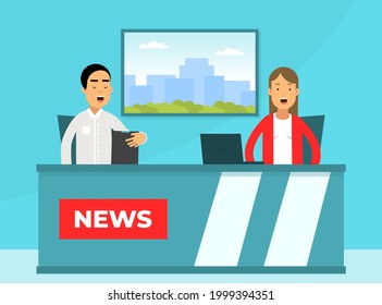Male and Female Journalist Conducting Interview on Television Broadcast Reporting News and Information Vector Illustration