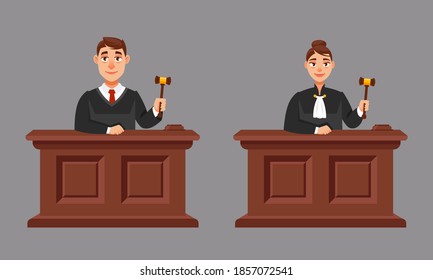 Male and female judges in cartoon style. Illustration of judicial process.