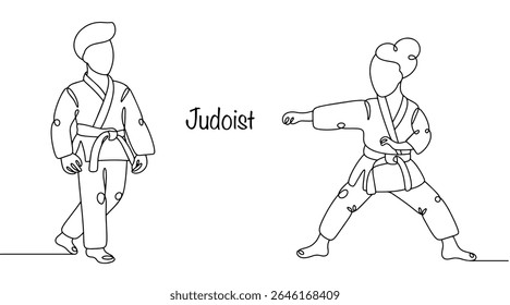 Male and female judokas. Athletes who practice a martial art based on wrestling techniques, throws, and holds of the opponent. Athletes wear special kimonos for this sport.