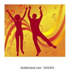 male and female jumping with scrollwork behind