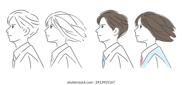 Male and female junior high school students, high school students, boy and girl profiles, manga style vector illustration material for school and youth