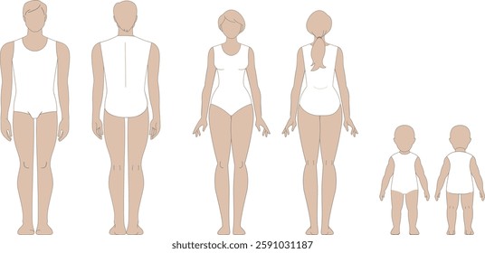 Male, female and kids body front and back template for fashion and medical design. Outline illustration