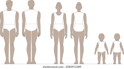 Male, female and kids body template front and back view for fashion and medical design