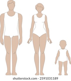 Male, female and kids body template for fashion and medical design. Outline vector illustration
