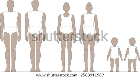 Male, female and kids body template front and back view for fashion and medical design