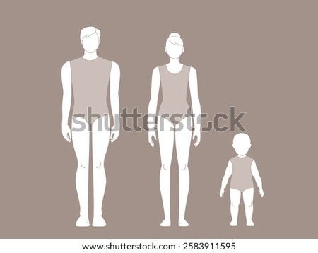 Male, female and kids body template front view for fashion and medical design