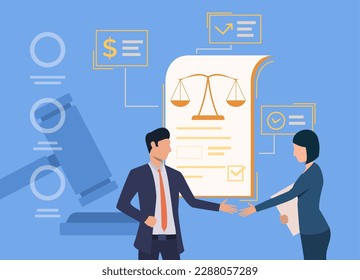 Male and female lawyers shaking hands vector illustration. Cartoon drawing of handshake or deal between attorneys, document with scales, gavel. Law, justice concept