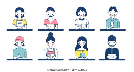Retrato de aprendizaje masculino y femenino. conjunto de diseño de ilustraciones vectoriales dibujadas por garras planas. Colección de personajes de caricatura sonriente.  Varios avatares. Relajación del concepto de página de coloreado 