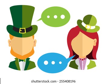 Male and female leprechauns icons with speech bubbles on white background 