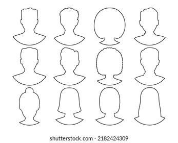 Male and female line avatar set. Anonymous people head outline group. Men and women profile face collection. Vector isolated on white.