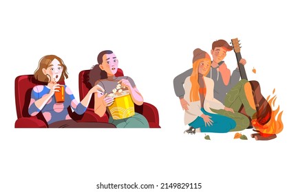 Male and Female Looking at movie screen and Blazing Fire Demonstrating Emotion of Happiness and Shock Vector Illustration Set