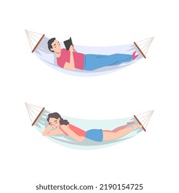 Male and Female Lying in Hammock Reading Book and Sleeping Having Rest Vector Set