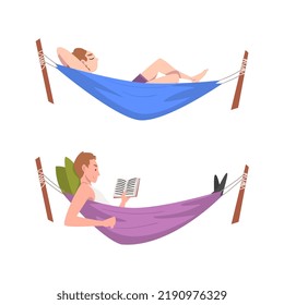 Male and Female Lying in Hammock Reading Book and Sleeping Having Rest Vector Set