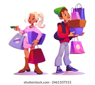 Male and female mall buyer characters with shopping bags and boxes. Cartoon vector illustration set of man and woman purchase products and gifts in shop. Market customer holding paper packages.