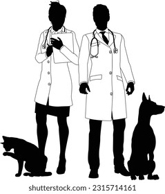 Ein männlicher und weiblicher Tierarzt, Tierarzt oder Tierarzt mit Hunden und Katzen in Silhouette