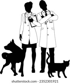 A male and female, man and woman vet or veterinarian with dog and cat pets in silhouette