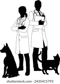 A male and female, man and woman vet or veterinarian with dog and cat pets in silhouette