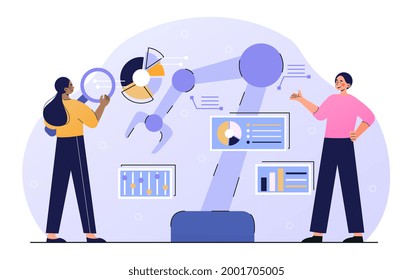 Male and female manager engineers are checking robotic arms machine. Man and woman monitoring system software in intelligent factory. Robotic arm in smart factory. Flat cartoon vector illustration svg