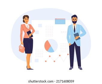 Male and female managers standing on front of presentation board. Business people discuss business development strategy, planning events. Efficiency management collaboration flat vector