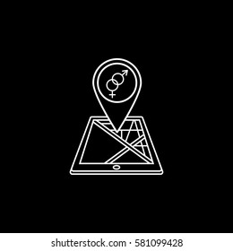 Male & female map pointer line icon, mobile gps navigation and location, sex shop pin on tablet vector graphics, a linear pattern on a black background, eps 10.