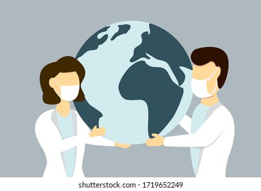 Male and female in medical face mask holding earth globe