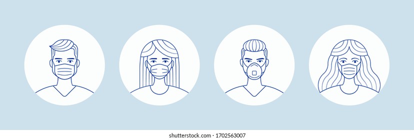 Male and female in medical face protection mask. People avatars. Man and women user portraits wearing protective mask