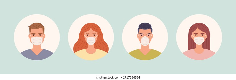 Male and female in medical face protection mask. People avatars. Man and women user portraits wearing protective mask