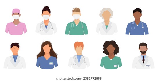 Male and female medical personnel avatars in different color uniforms in faceless style collection	