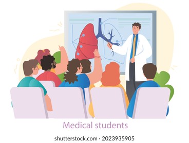 Male And Female Medical School Students On A Lecture Together On White Background. Young Scientists Are Studying In A Group For Medical Test. Flat Cartoon Vector Illustration