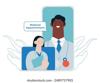 Male and Female Medical Specialist on Smartphone and Laptop Screens. Modern Flat Vector Illustration. Medical Appointment Online Through Device Concept.