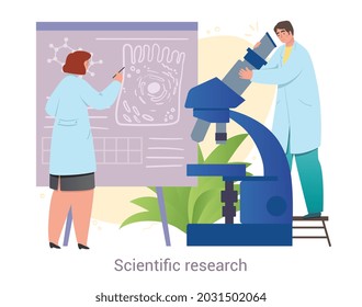 Male and female medical workers are conducting scientific research together on white background. Concept of science people conducting professional research in lab. Flat cartoon vector illustration