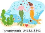 Male and female mermaids holding hands underwater, surrounded by fish and seaweed. Mermaid couple in love with heart symbols. Fairytale romance, fantasy sea life vector illustration.