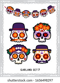 Male and female mexican skulls set. Day of the Dead garland collection. Vector flat catroon design.