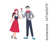 Male and female mimes isolated on white background. Cute funny boy giving rose flower to girl. Pair of performance artists, comedians or performers. Flat cartoon colorful vector illustration.