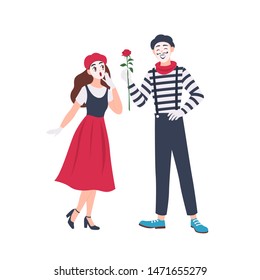 Male and female mimes isolated on white background. Cute funny boy giving rose flower to girl. Pair of performance artists, comedians or performers. Flat cartoon colorful vector illustration.