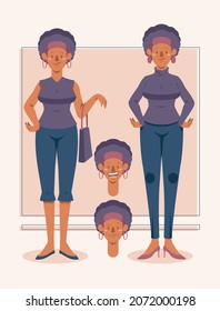 Male and female models, people pose with wardrobe change, elegant and funny woman, stylish and formal man, vector
