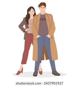 Modelos masculinos y femeninos con ropa de moda. De pie y posando para una sesión de fotos de moda aislado en fondo blanco ilustración vectorial