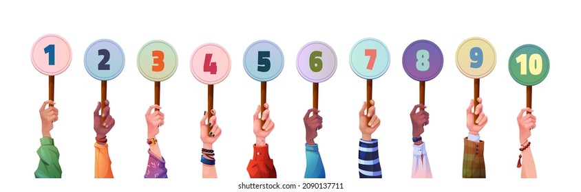 Male and female multi ethnic hands holding round cards or signs with numbers from 1 to 10. Vector votes of judges flat cartoon style. Amount of scores got in competition, tournament or contest