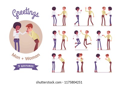 Male, female multicultural greeting. Black woman, white man in polite, formal, friendly gestures. Business manners, etiquette concept. Vector flat style cartoon illustration isolated, white background